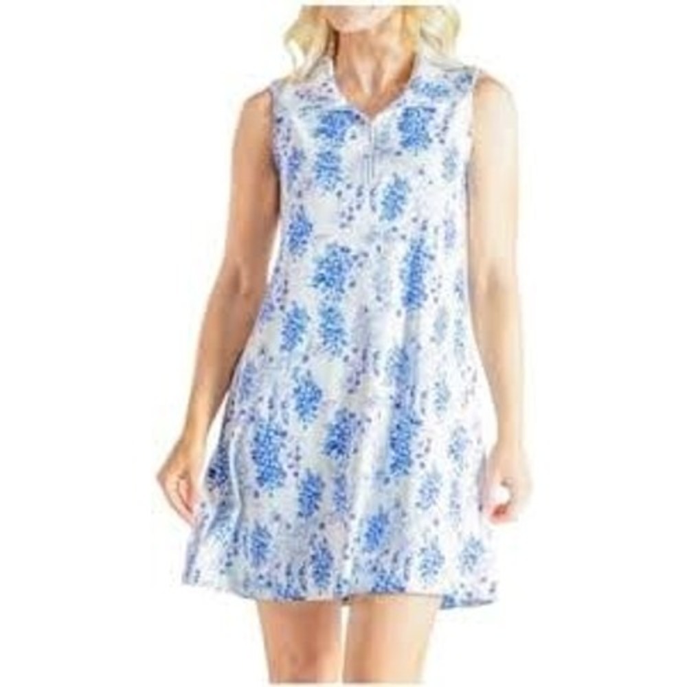 Simply Southern Dress Womens Large Blue Floral Quarter Zip Sleeveless Athleisure
